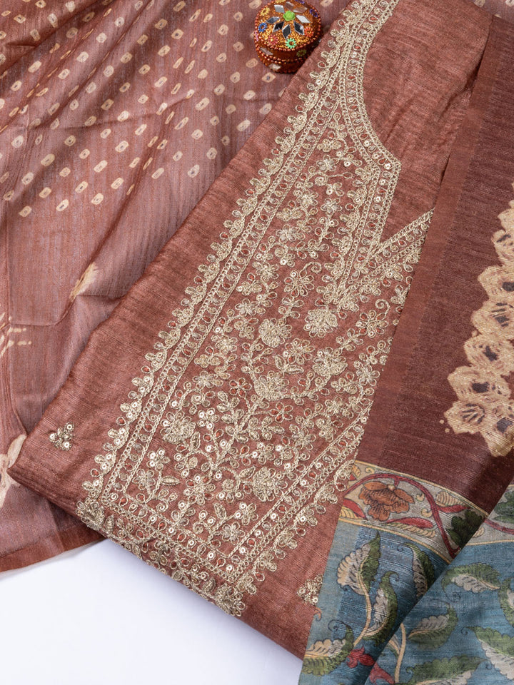 Neck Embroidered Tussar Unstitched Suit Piece With Dupatta