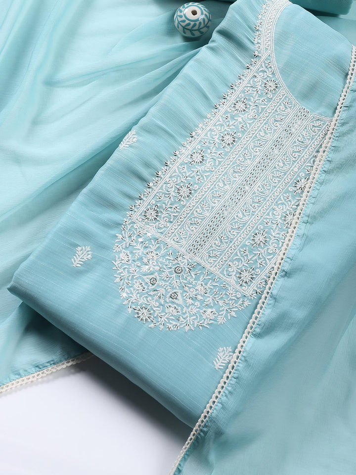 Neck Embroidered Chanderi Unstitched Suit With Dupatta