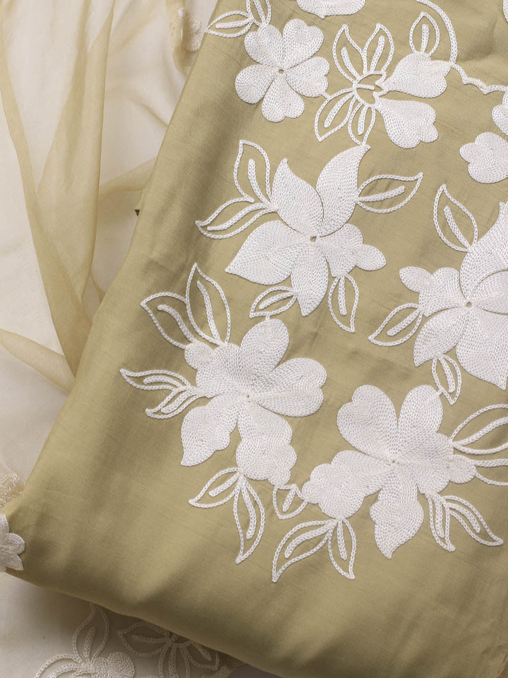 Neck Embroidery Chanderi Unstitched Suit With Dupatta