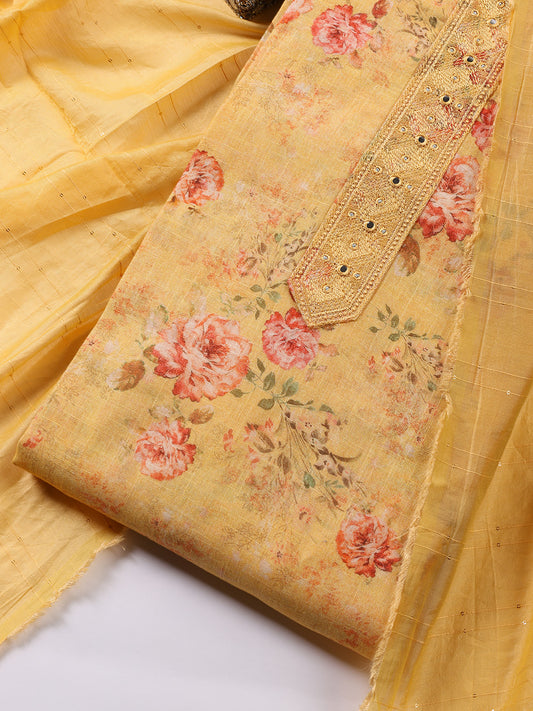 Floral Printed Linen Unstitched Suit With Dupatta