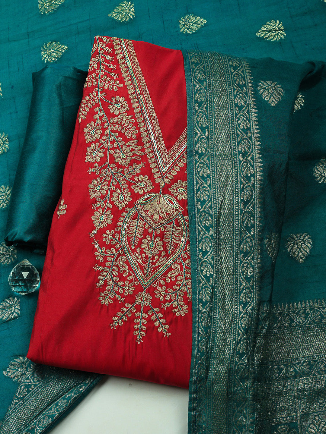 Woven Design Chanderi Unstitched Suit With Pant &amp; Dupatta