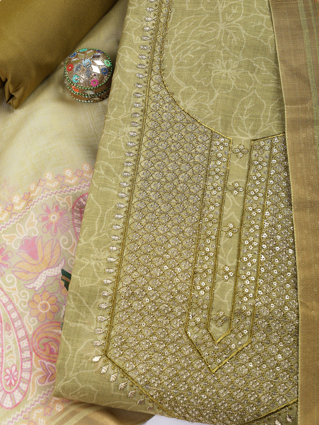 Neck Embroidered Cotton Blend Unstitched Suit With Dupatta