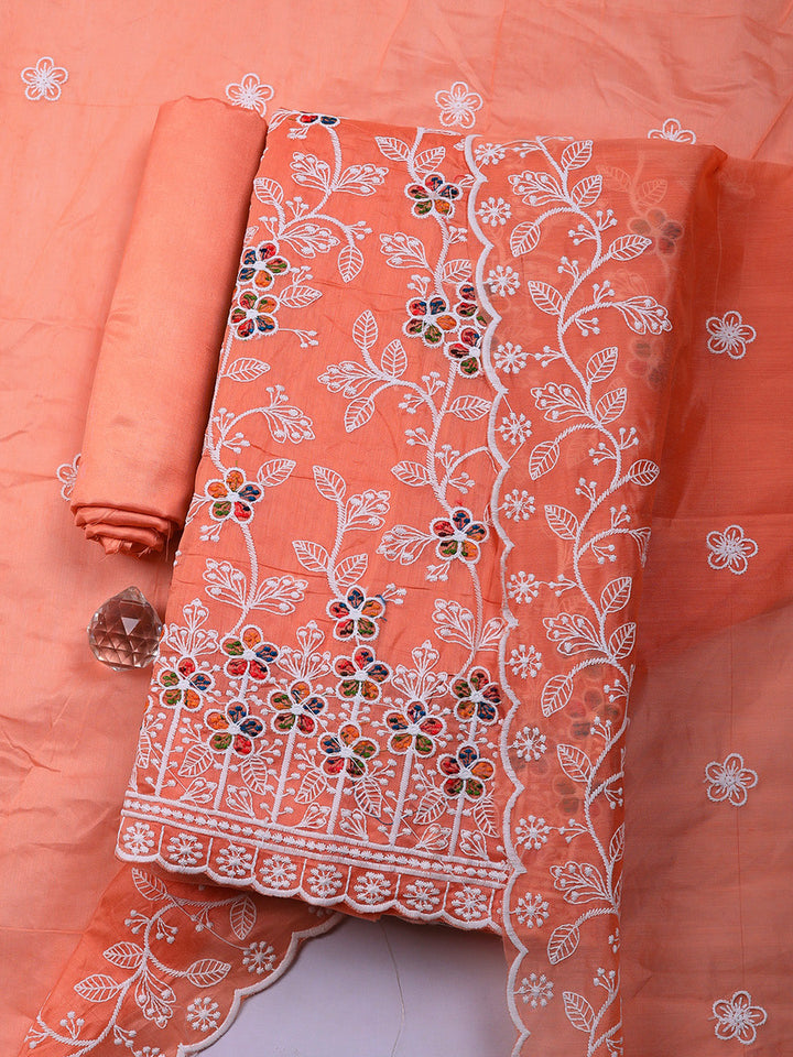 Embroidered Chanderi Unstitched Suit With Pant &amp; Dupatta