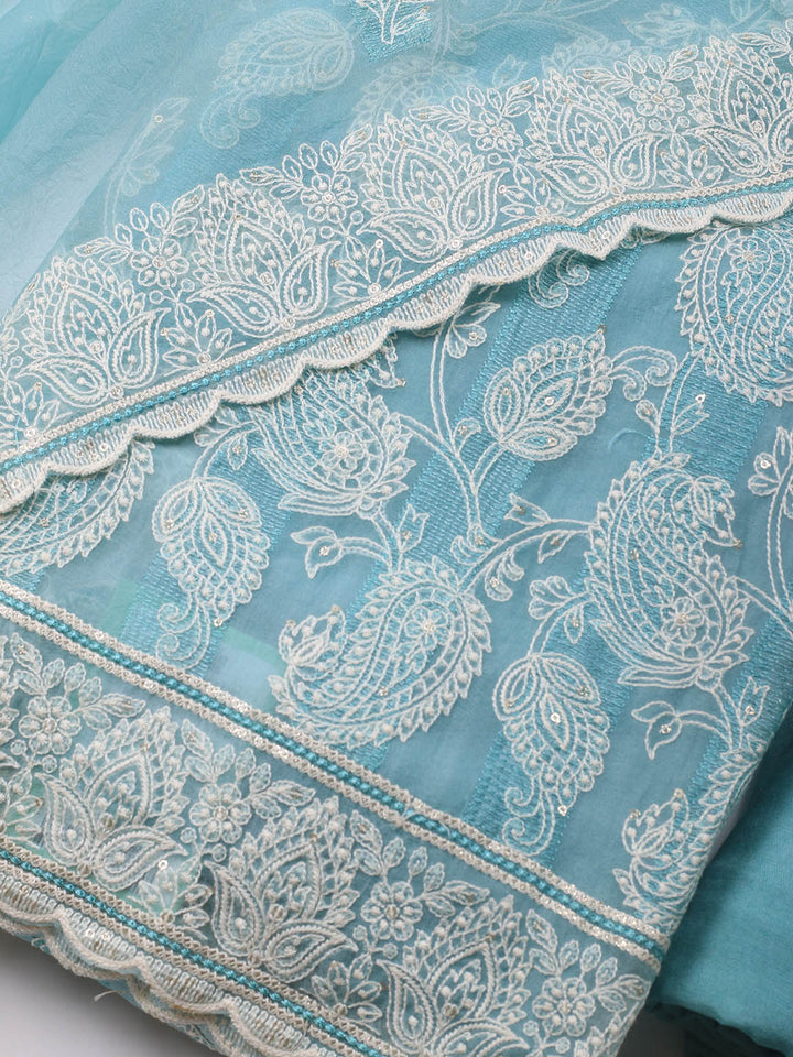 Thread Embroidery Organza Unstitched Suit Piece With Dupatta
