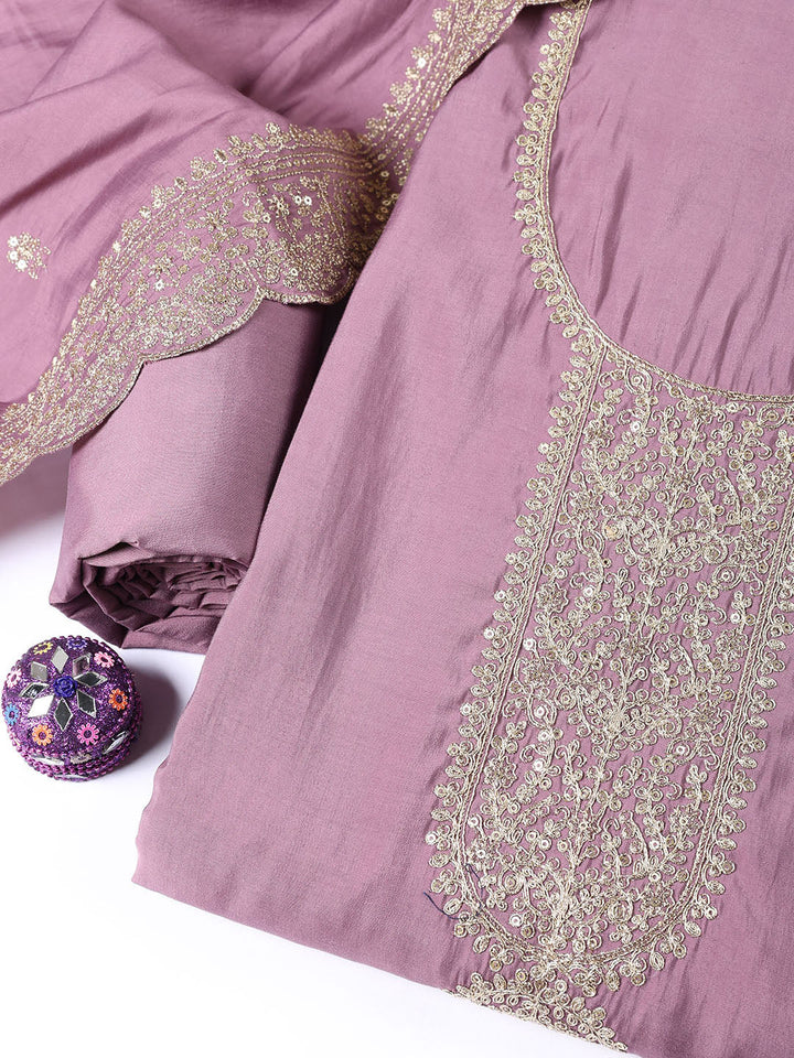 Neck Embroidered Chanderi Unstitched Suit Piece With Dupatta