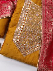 Neck Embroidered Chanderi Unstitched Suit Piece With Dupatta