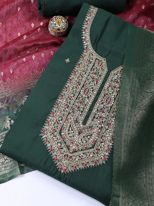 Neck Embroidered Chanderi Unstitched Suit With Dupatta