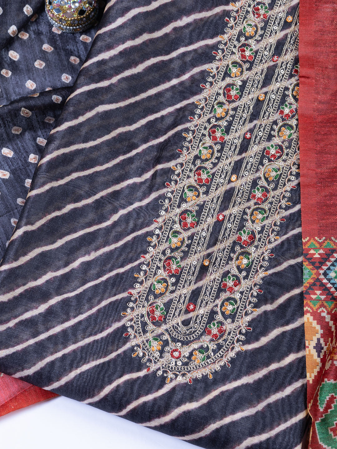 Neck Embroidered Chanderi Unstitched Suit With Dupatta
