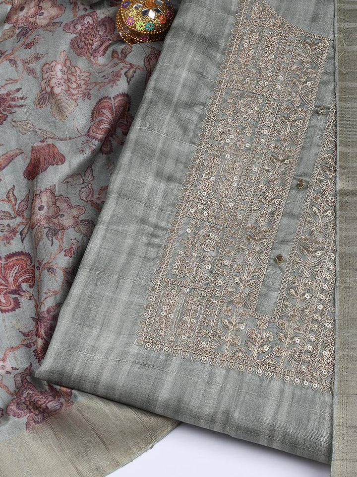 Neck Embroidery Art Tussar Unstitched Suit With Dupatta