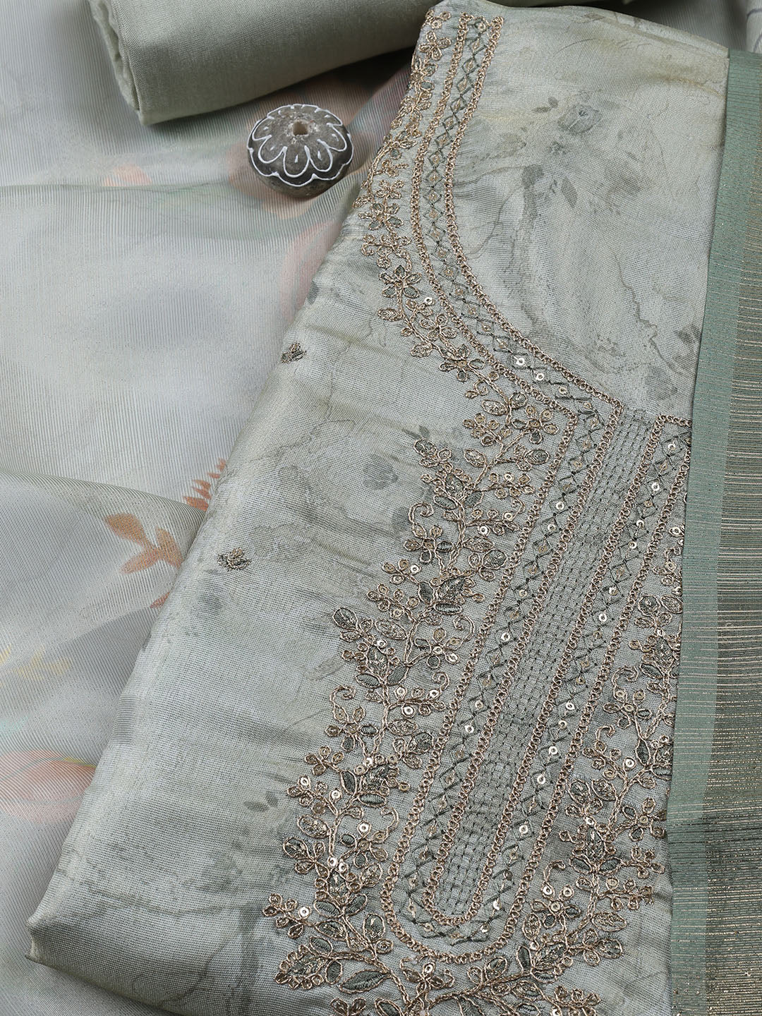 Neck Embroidered Tissue Unstitched Suit With Dupatta