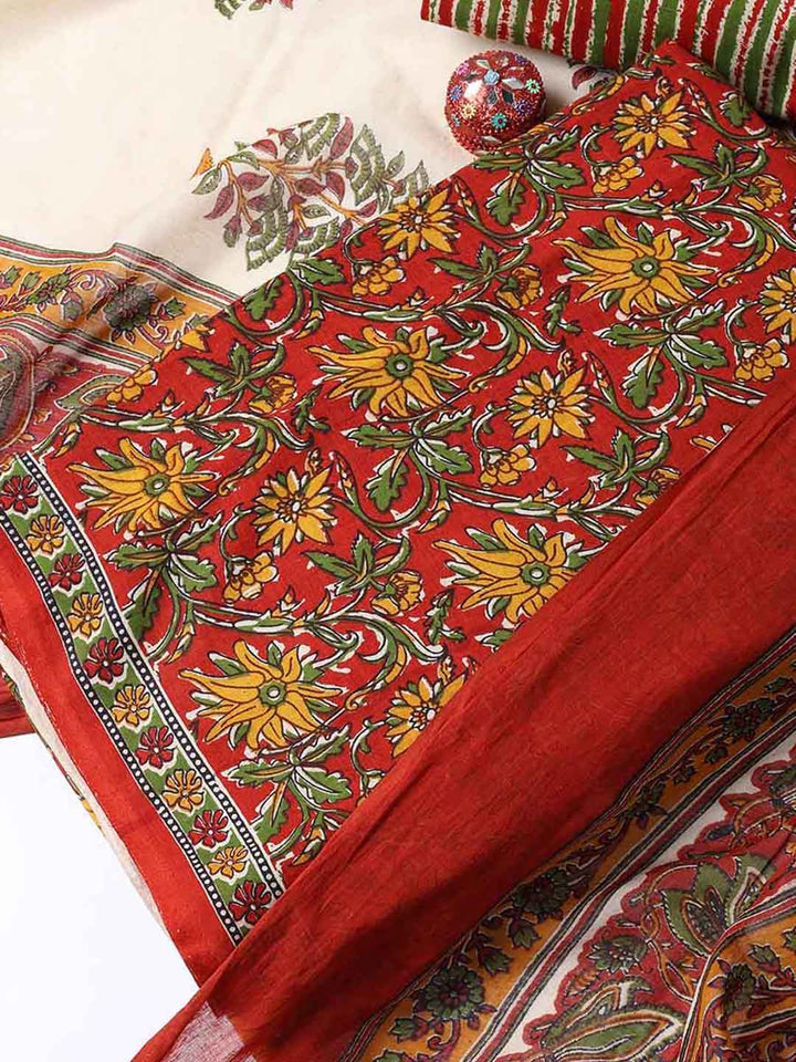 Printed Cotton Blend Unstitched Suit With Dupatta