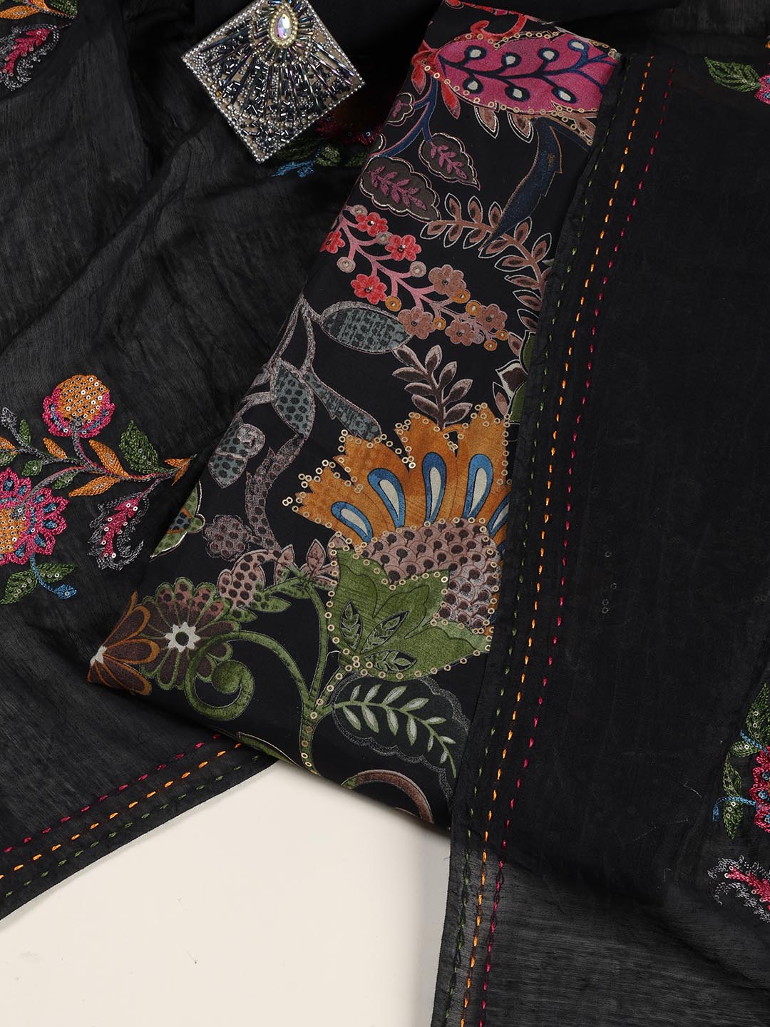 Neck Embroidered Cotton Blend Unstitched Suit Piece With Dupatta