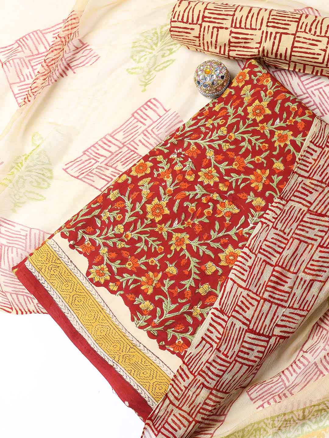 Printed Cotton Blend Unstitched Suit With Dupatta
