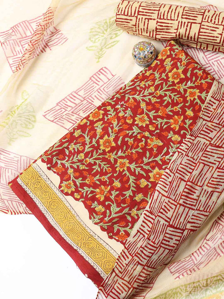 Printed Cotton Blend Unstitched Suit With Dupatta