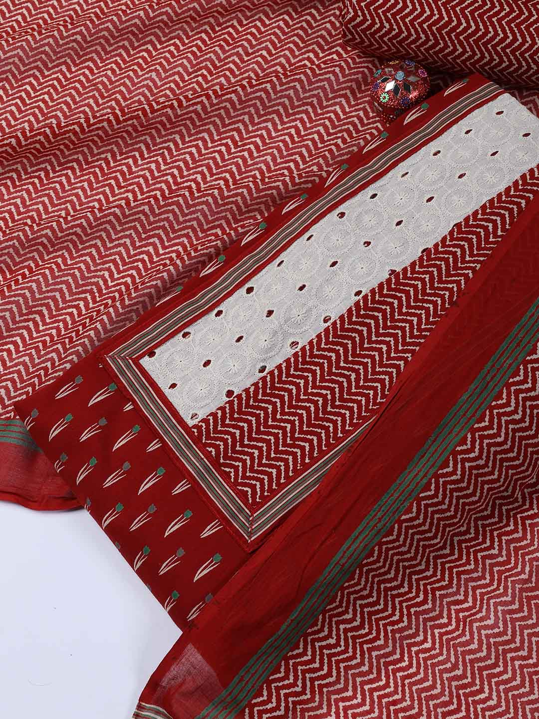 Neck Work Printed Cotton Blend Unstitched Suit With Dupatta