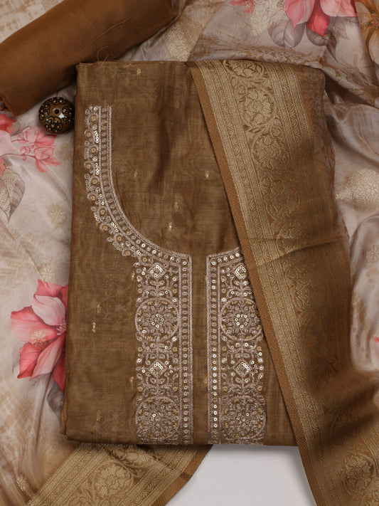 Neck Embroidered Chanderi Unstitched Suit Piece With Dupatta