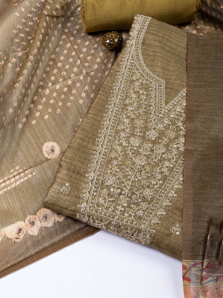 Neck Embroidered Tussar Unstitched Suit Piece With Dupatta