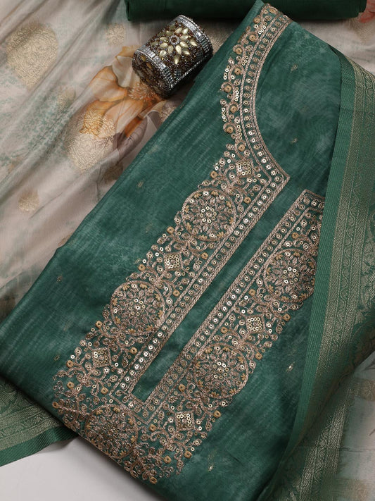 Neck Embroidered Chanderi Unstitched Suit Piece With Dupatta