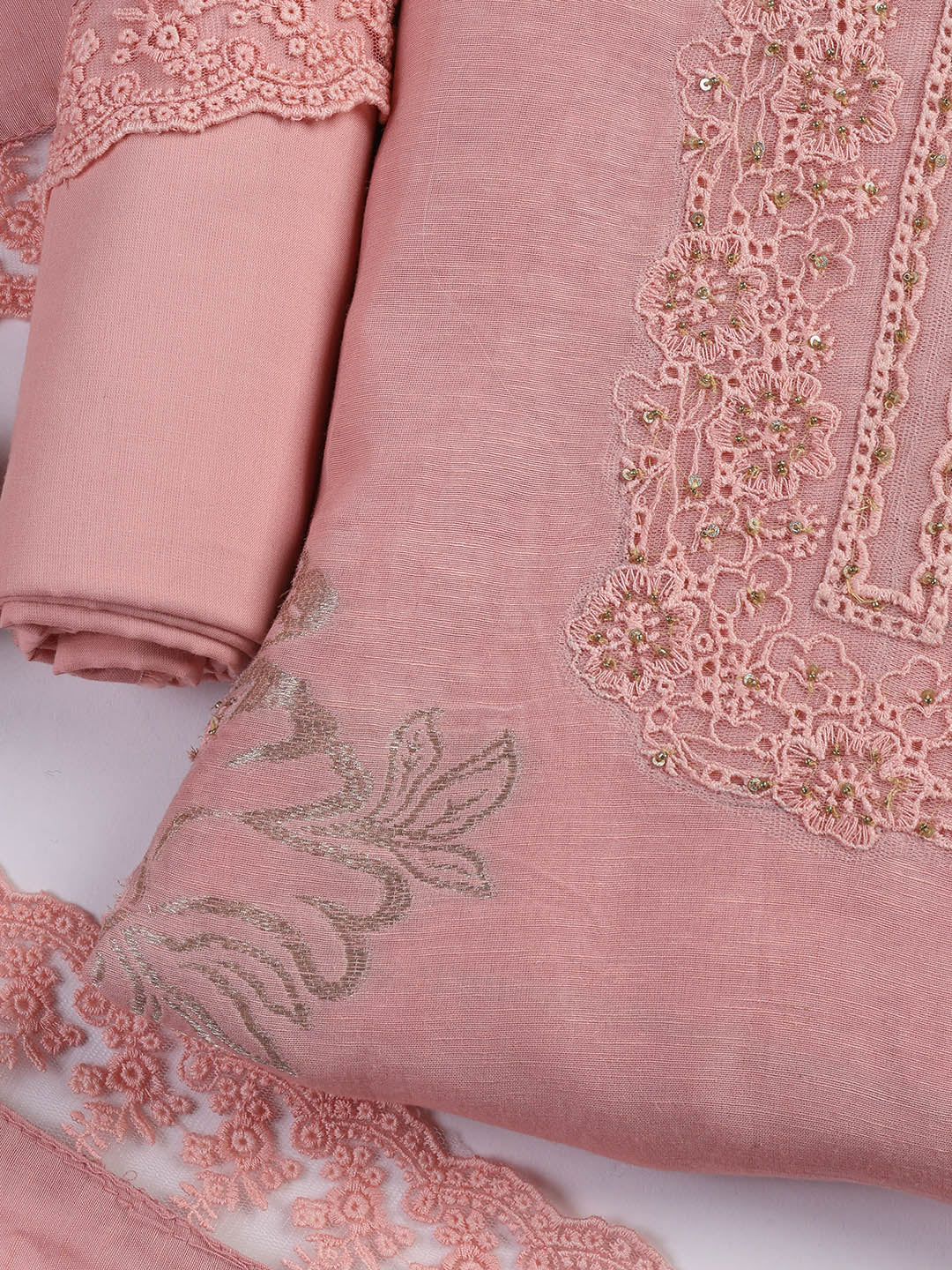 Embroidery Linen Unstitched Suit With Dupatta