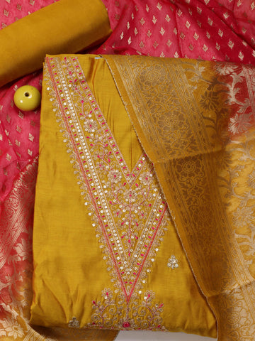 Neck Embroidery Chanderi Unstitched Suit Piece With Dupatta