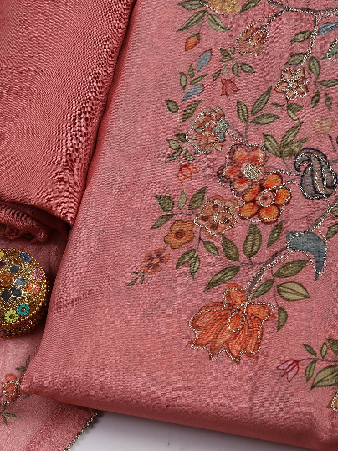Gota Work Muslin Unstitched Suit Piece With Dupatta