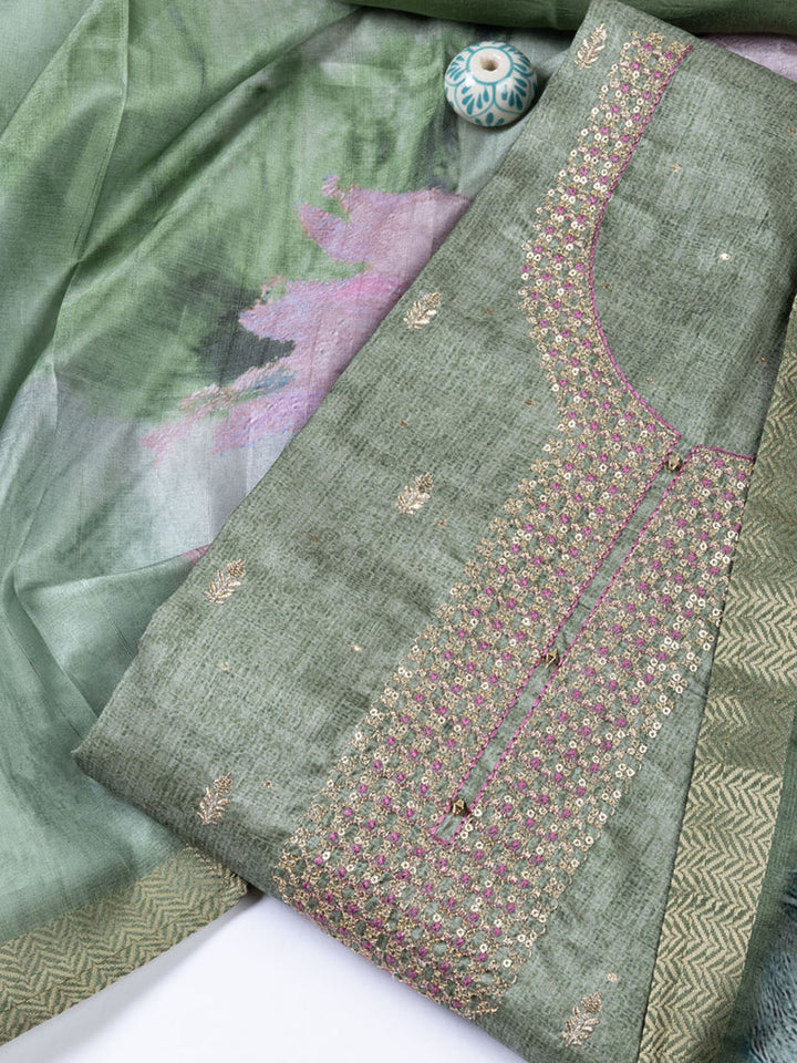 Neck Embroidered Tussar Unstitched Suit With Dupatta