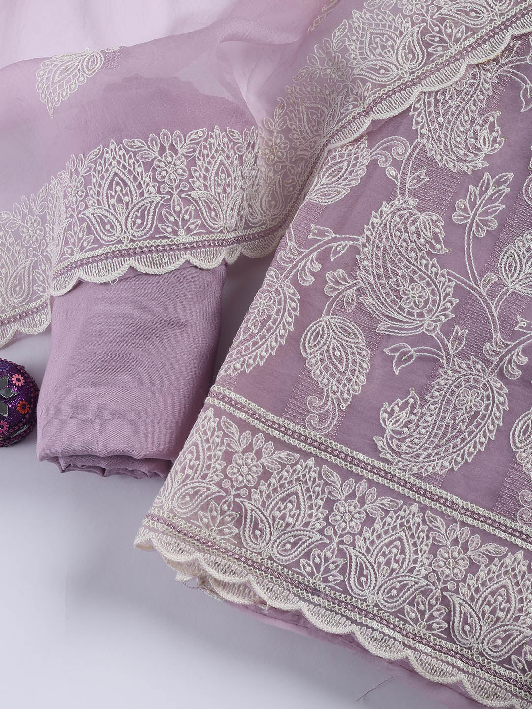 Thread Embroidery Organza Unstitched Suit Piece With Dupatta