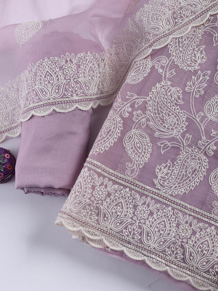 Thread Embroidery Organza Unstitched Suit Piece With Dupatta