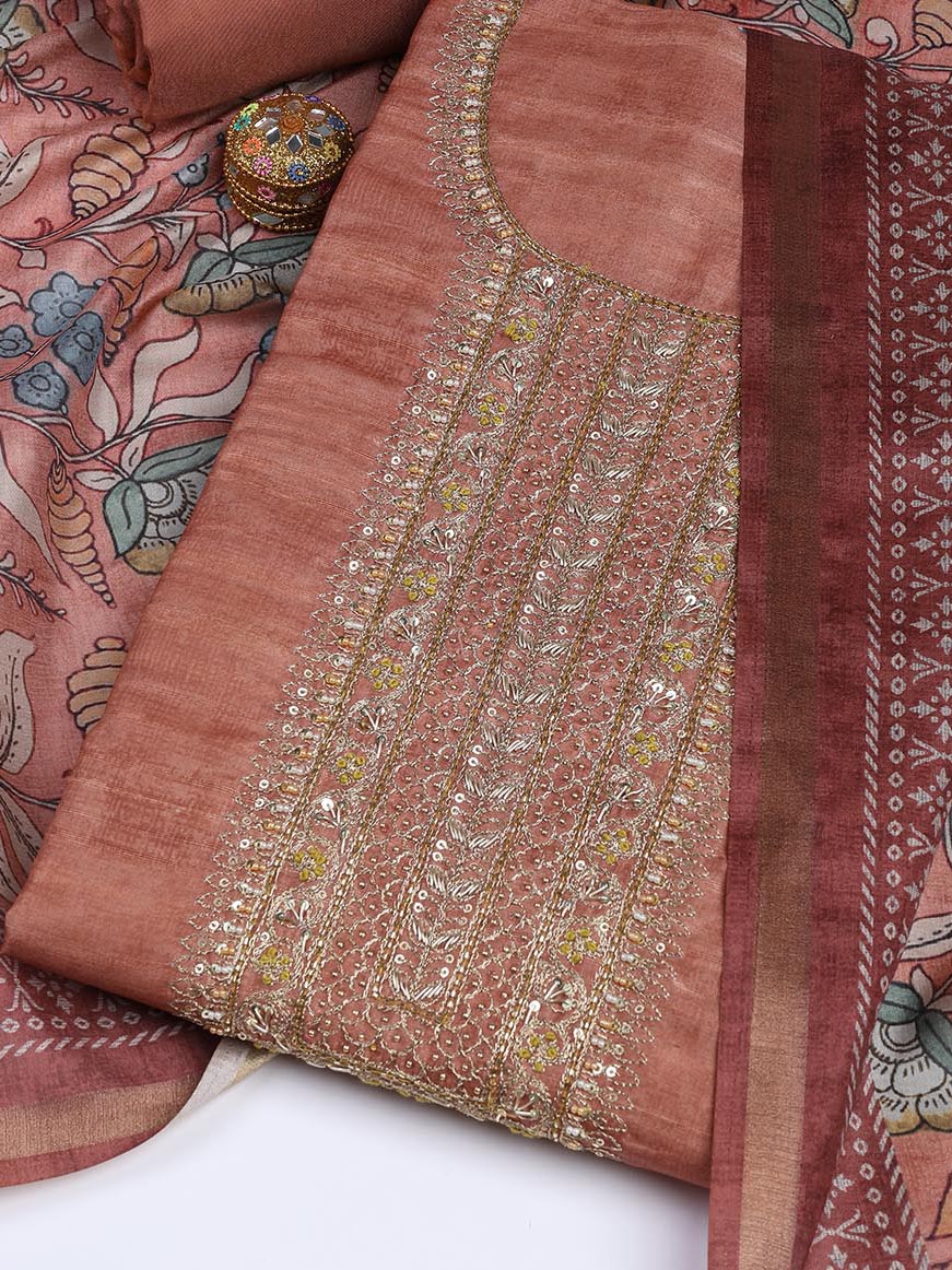 Neck Embroidery Art Tussar Unstitched Suit With Dupatta