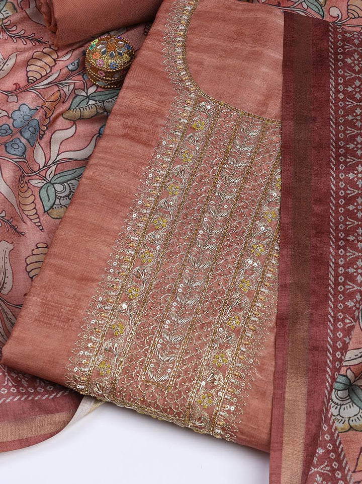 Neck Embroidery Art Tussar Unstitched Suit With Dupatta