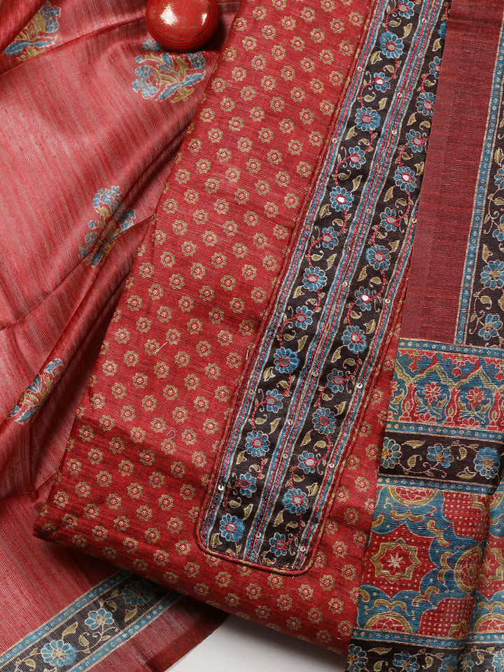 Neck Patti Chanderi Unstitched Suit With Dupatta