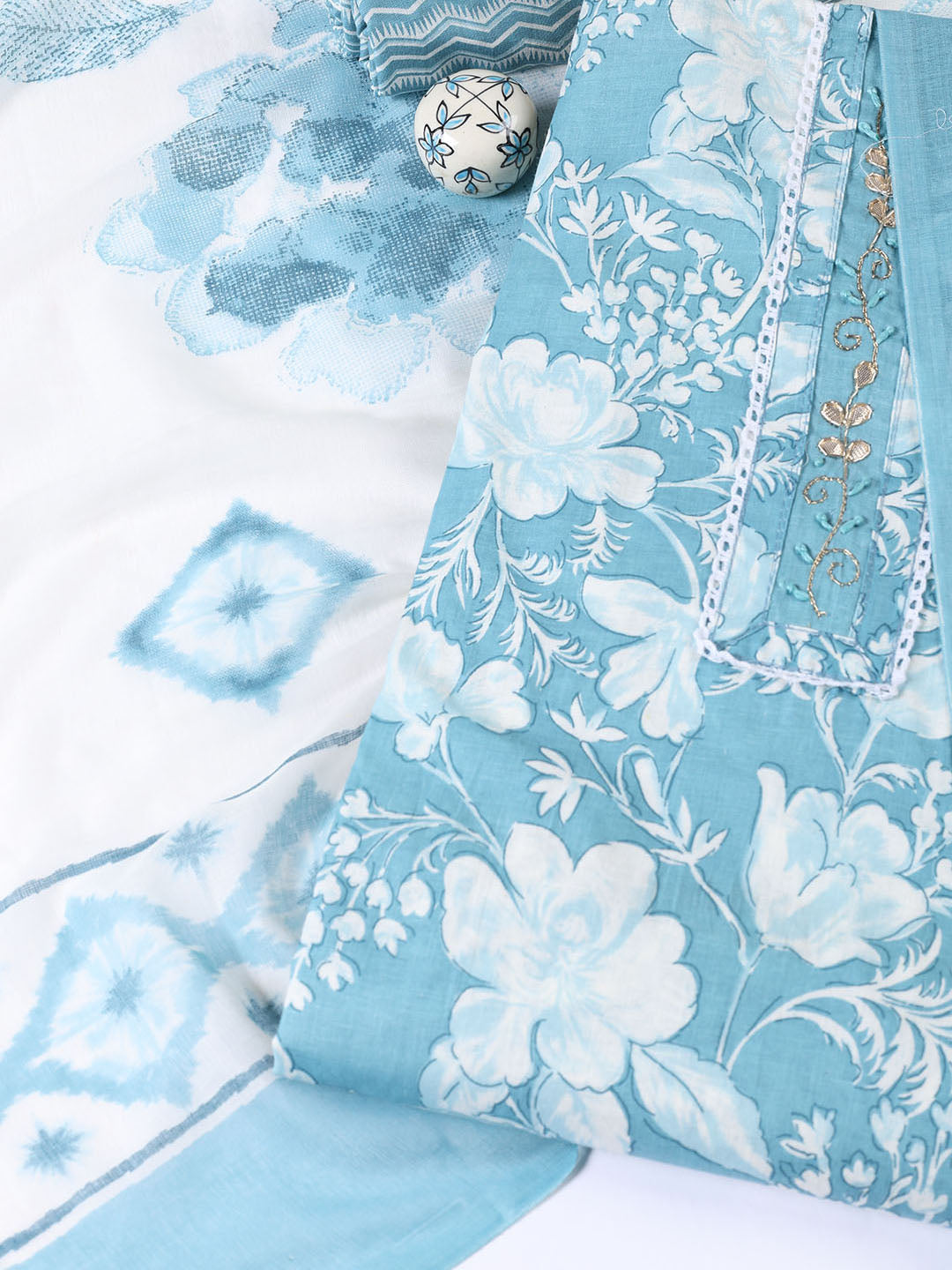 Neck Patti Cotton Blend Unstitched Suit With Dupatta