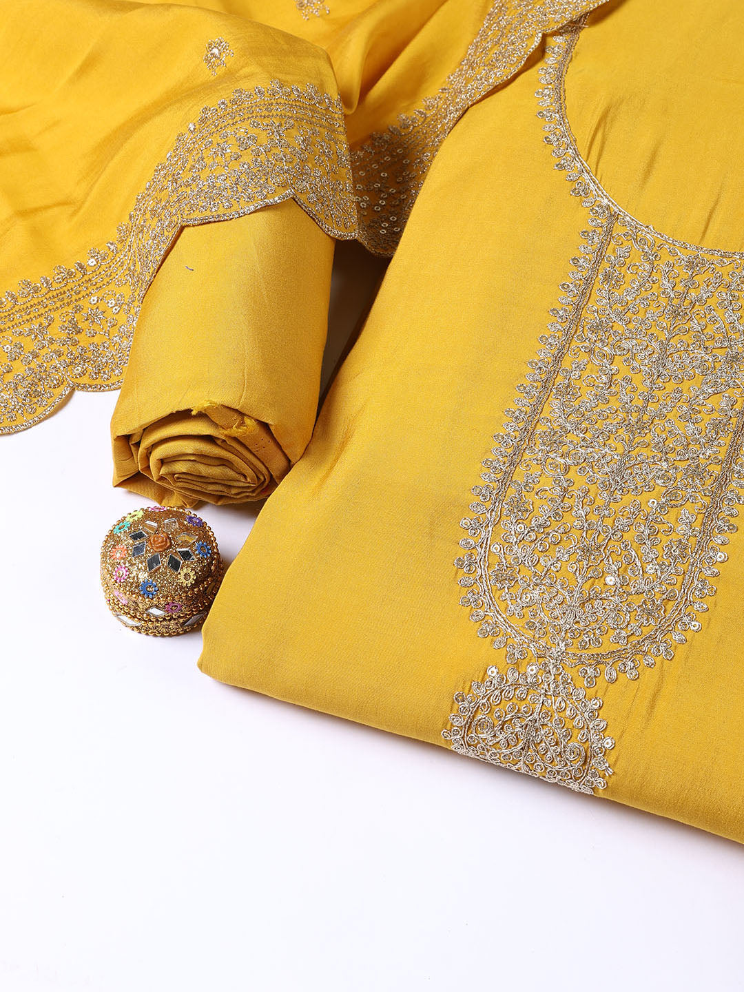 Neck Embroidered Chanderi Unstitched Suit Piece With Dupatta