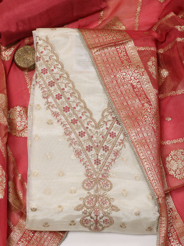 Neck Embroidery Chanderi Unstitched Suit With Dupatta