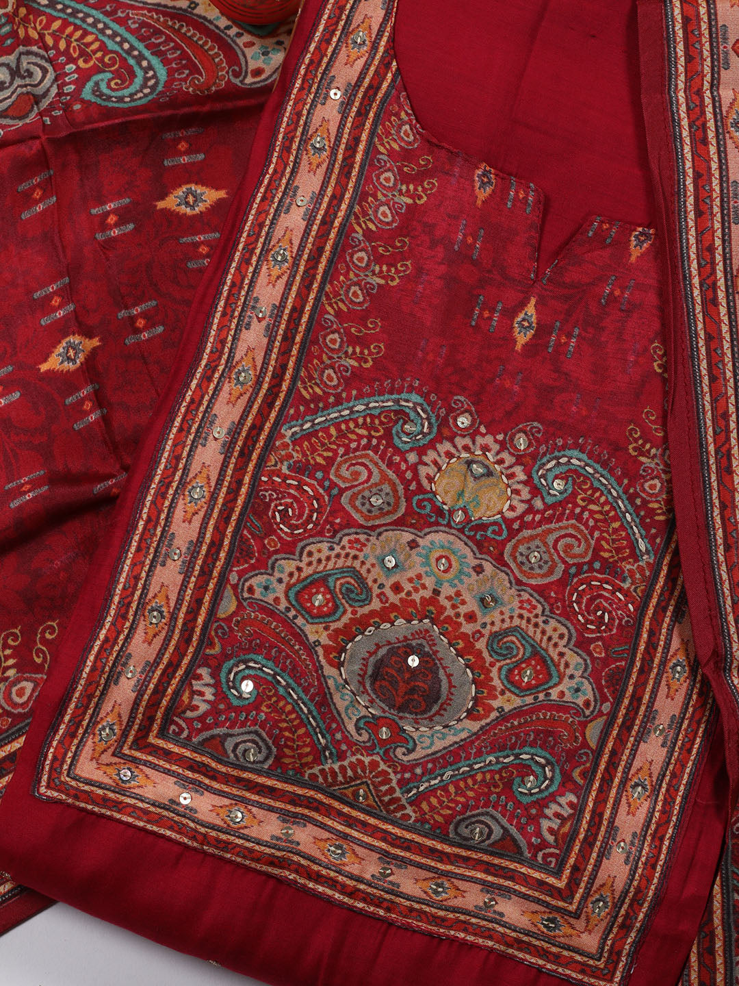 Neck Work Chanderi Unstitched Suit Piece With Dupatta