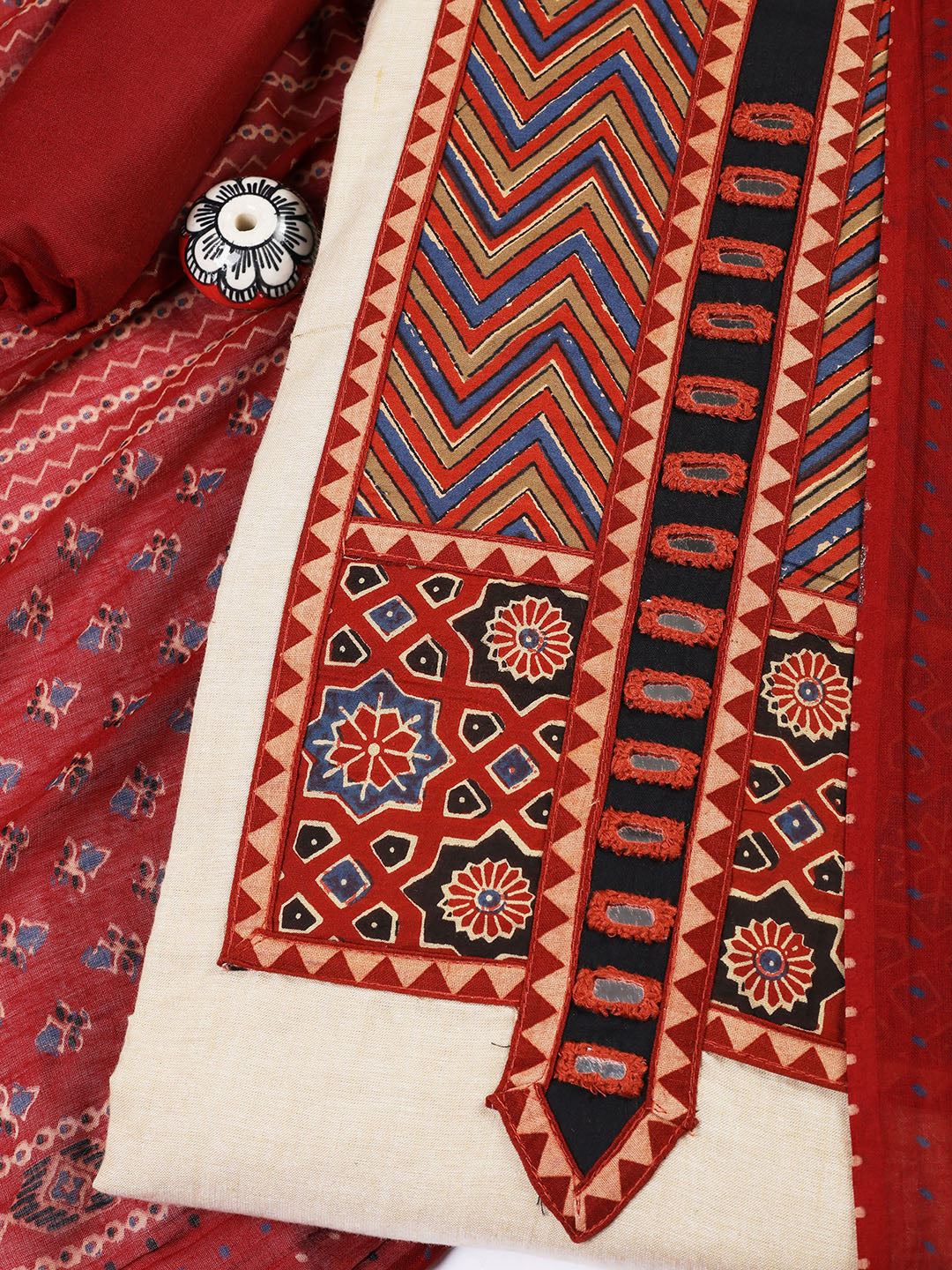 Patch Neck Cotton Blend Unstitched Suit With Dupatta