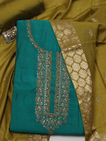 Neck Embroidered Chanderi Unstitched Suit Piece With Dupatta