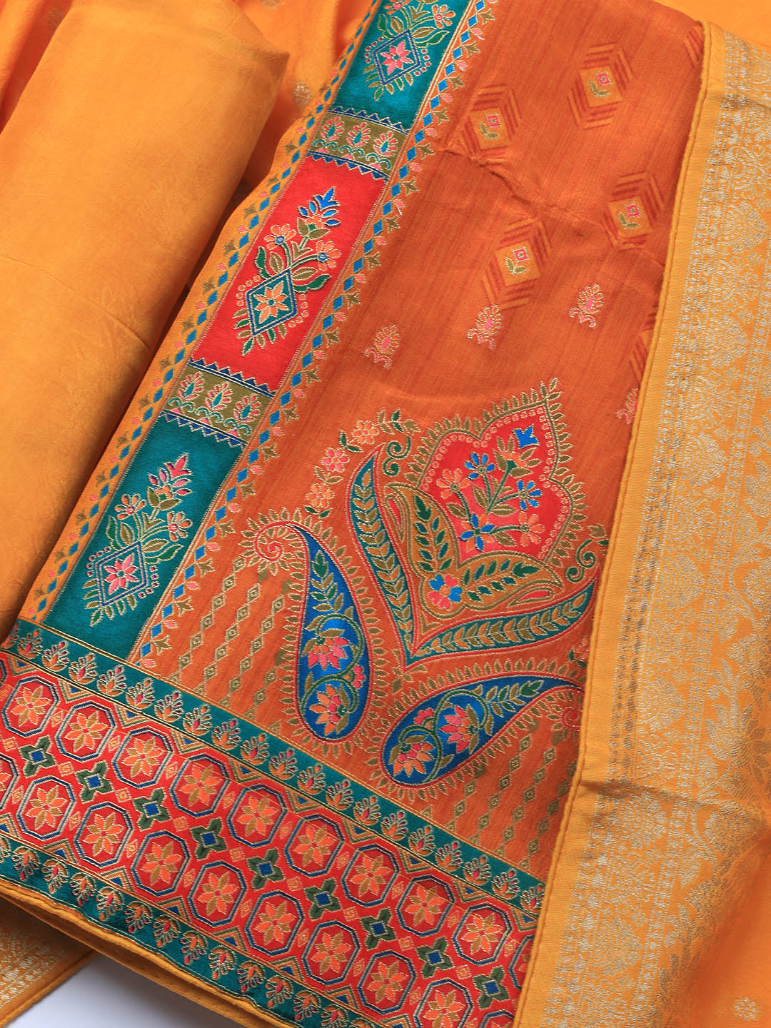 Embroidered Art Silk Unstitched Suit Piece With Dupatta