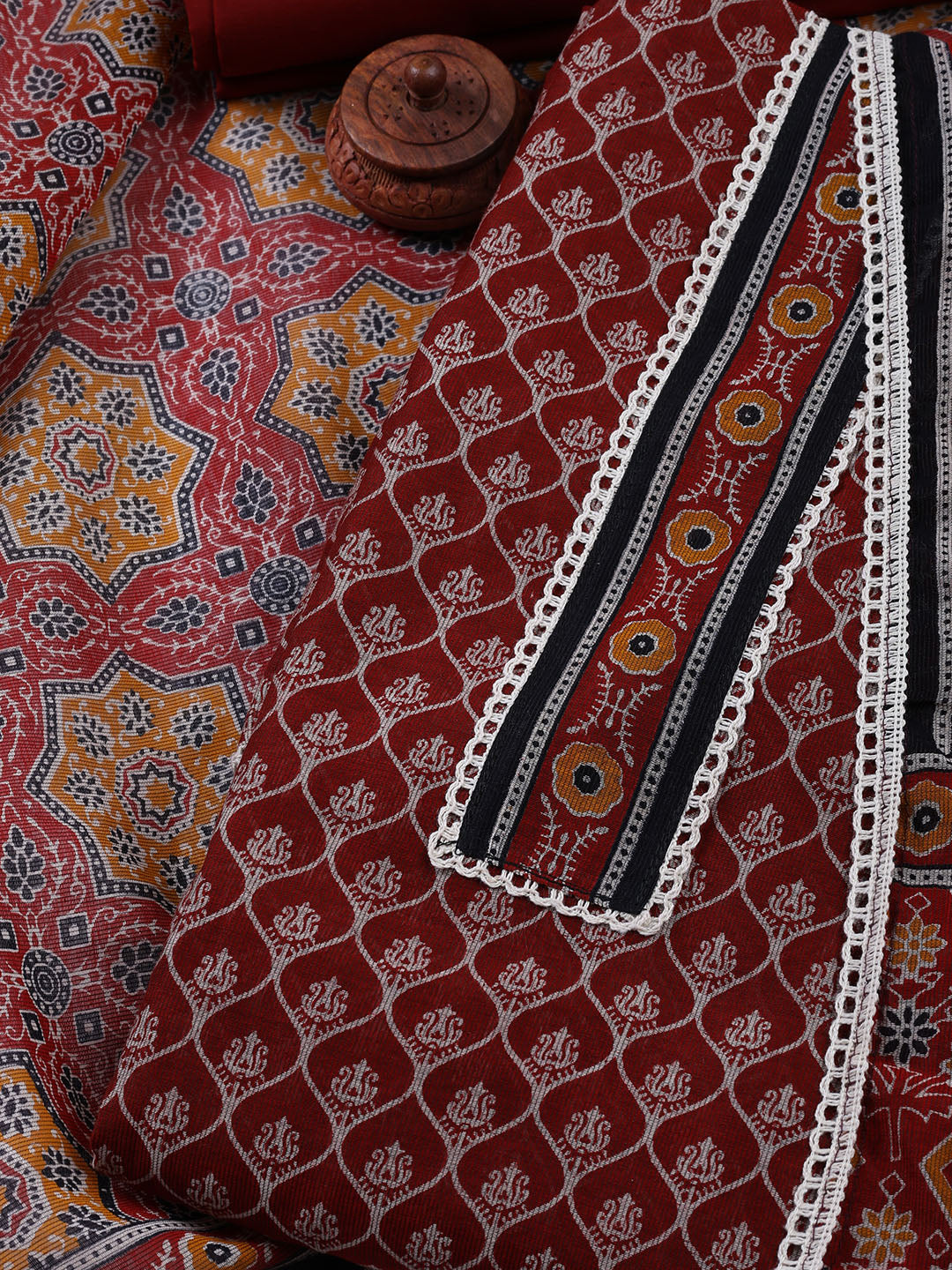 Printed Cotton Blend Unstitched Suit With Dupatta