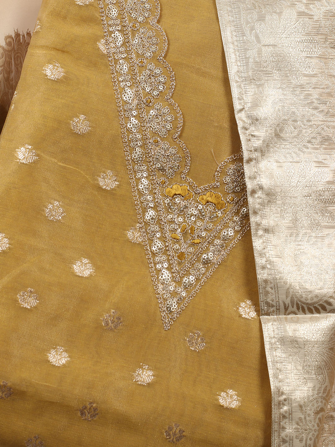 Neck Embroidered Tissue Unstitched Suit Piece With Dupatta