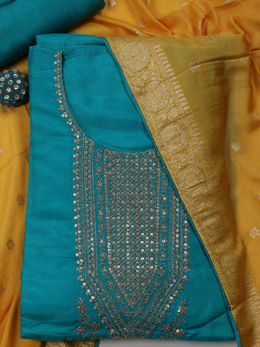 Neck Embroidered Chanderi Unstitched Suit Piece With Banarsi Dupatta