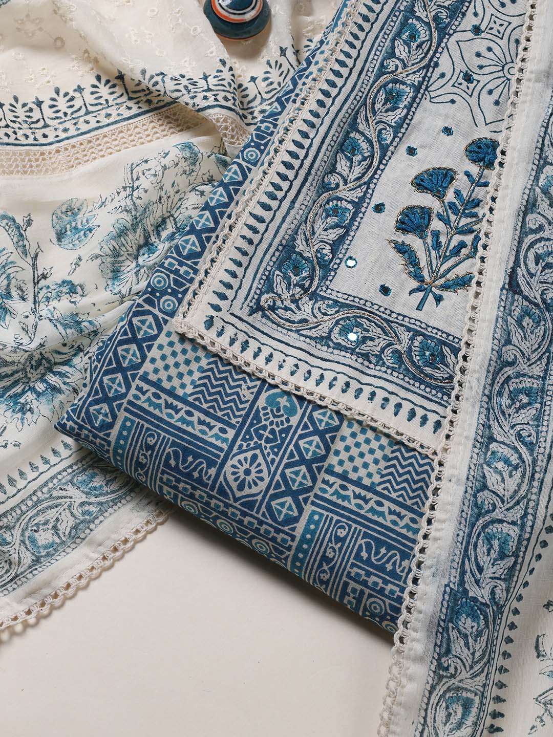 Schiffli Printed Cotton Blend Unstitched Suit Piece With Dupatta