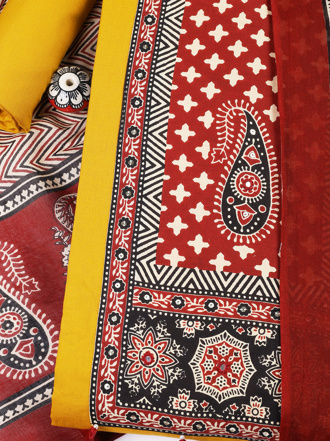 Patch Neck Cotton Blend Unstitched Suit With Dupatta