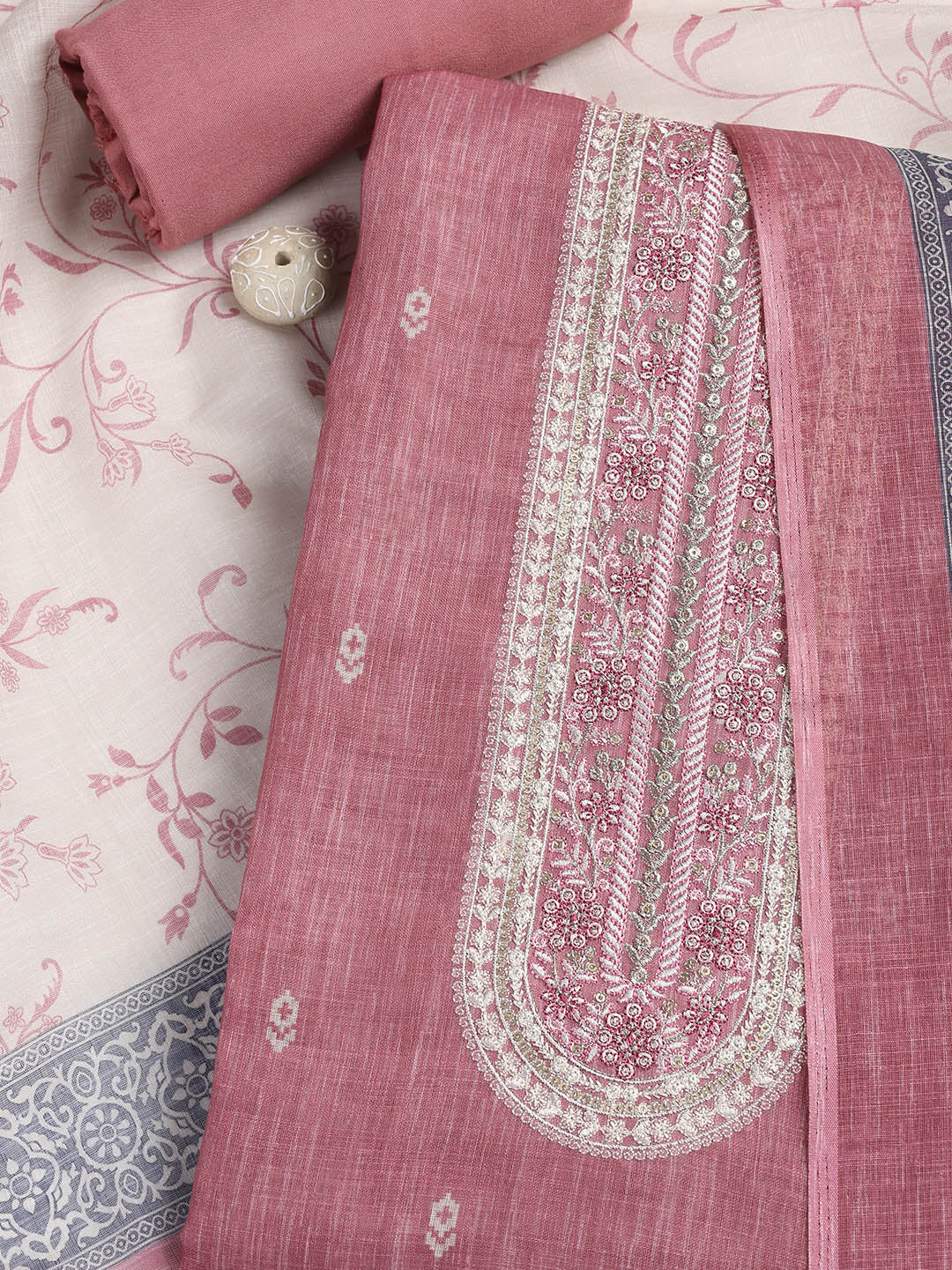Neck Embroidered Chanderi Unstitched Suit Piece With Dupatta