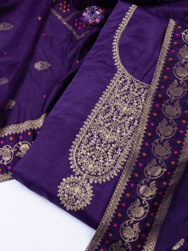 Neck Embroidered Chanderi Unstitched Suit Piece With Dupatta