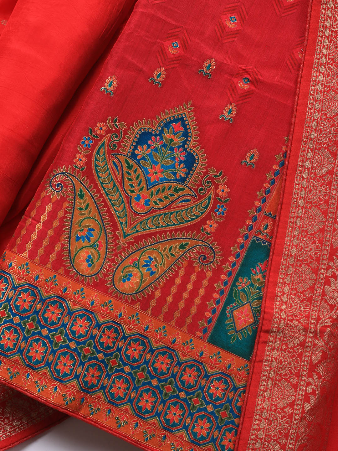 Embroidered Art Silk Unstitched Suit Piece With Dupatta