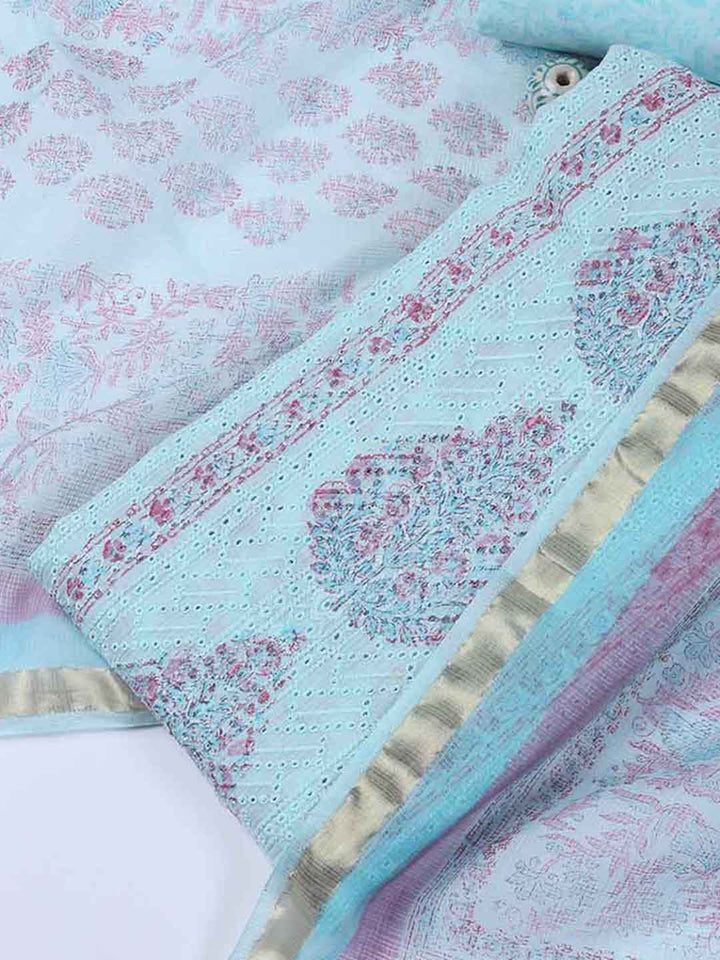 Neck Work Cotton Blend Unstitched Suit With Dupatta