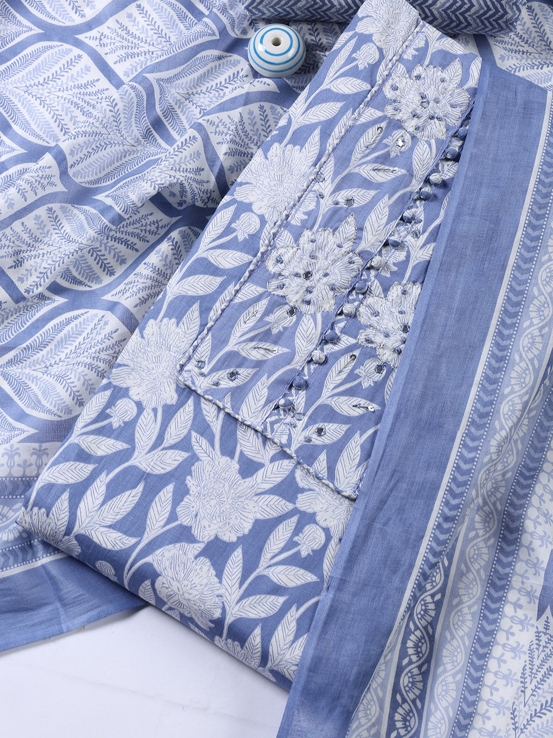Printed Cotton Blend Unstitched Suit With Dupatta