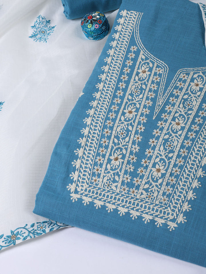 Neck Embroidered Cotton Blend Unstitched Suit Piece With Dupatta