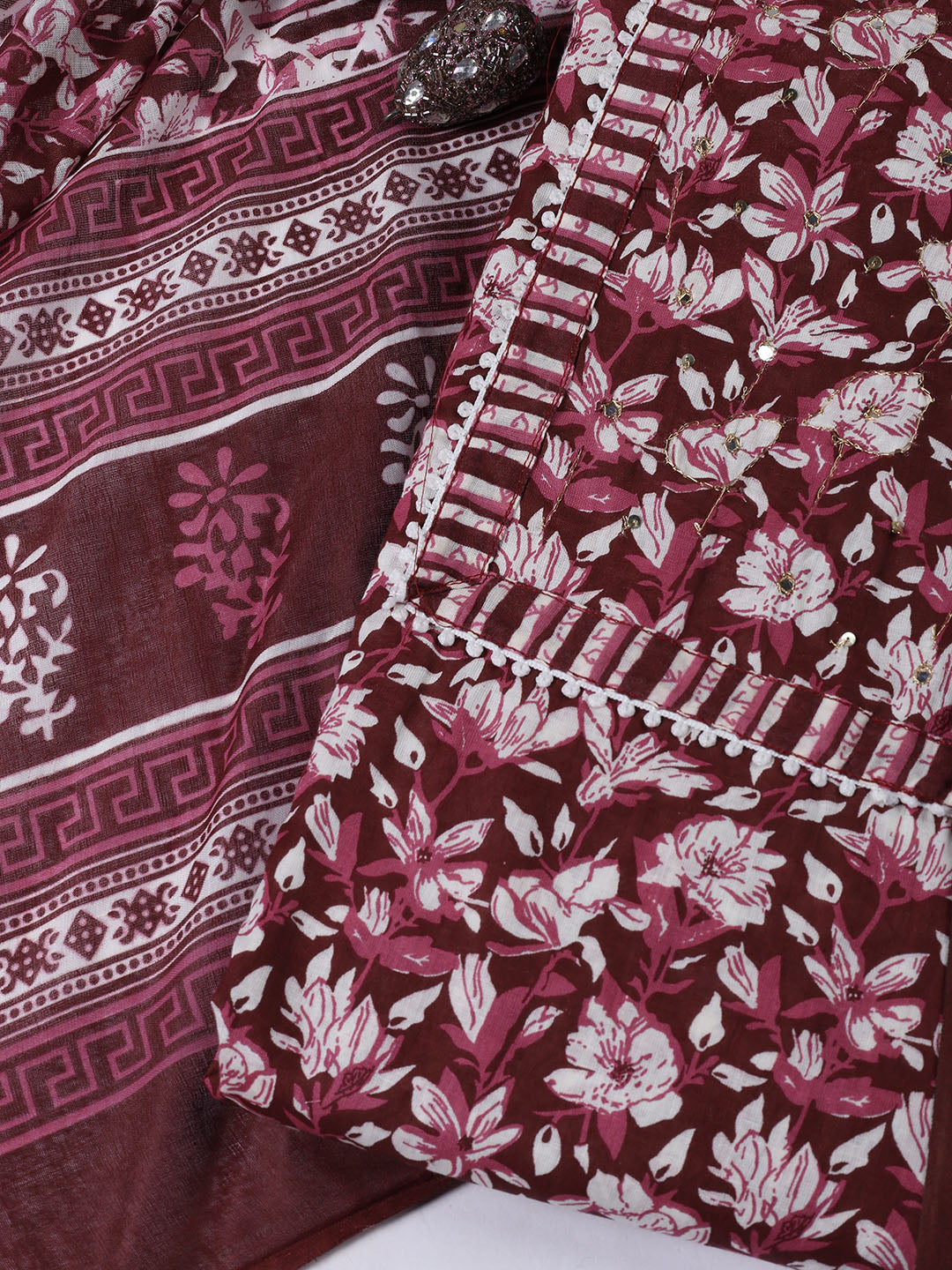 Printed Cotton Blend Unstitched Suit With Dupatta